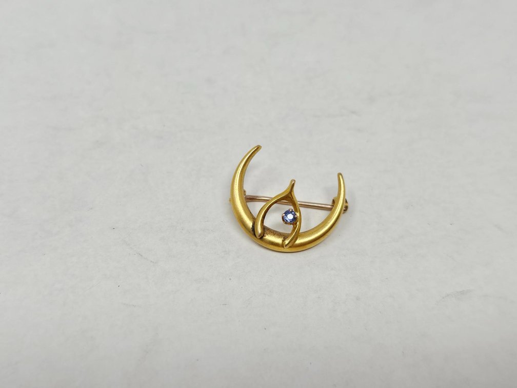 Gold Crescent Pin with Sapphire
