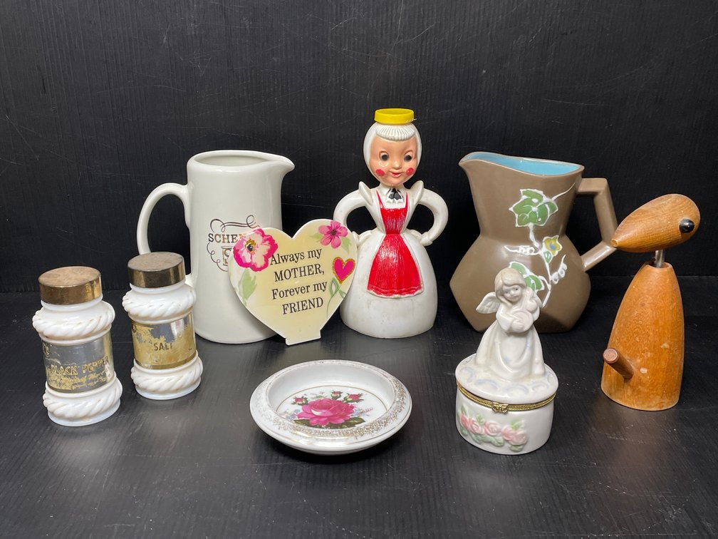 2 Creamers, Figural Shaker Bottle, Wooden Bird Corkscrew, Porcelain Trinket Box w/ Angel