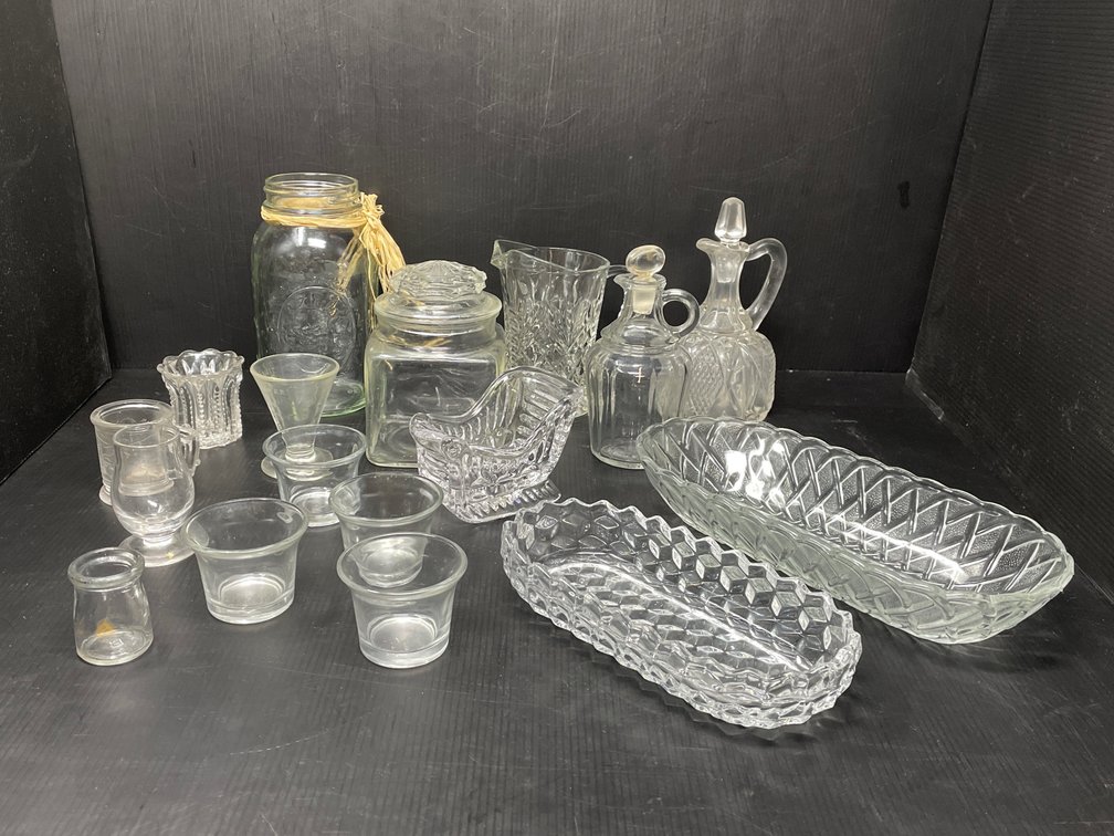 Clear Glass Grouping- Lidded Canister, Relish Dishes, Cruets, Pitcher, Sleigh, Cups, Jar