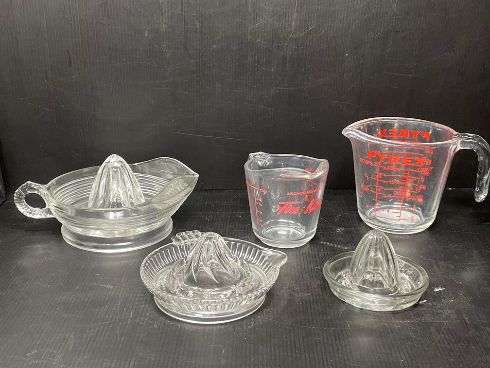 3 Glass Juicers- Assorted Sizes, Pyrex & Fire King Glass Measuring Cups