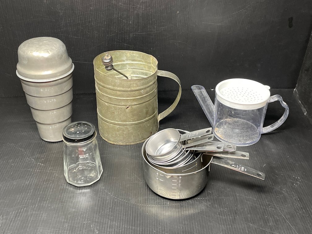 Metal Kitchenware- Shaker, Sifter, Measuring Cups, Glass Shaker Jar & Fat Skimmer