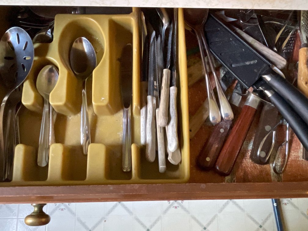 Contents of Drawer- Flatware, Kitchen Utensils, Knives, Egg Slicer, Graters, More