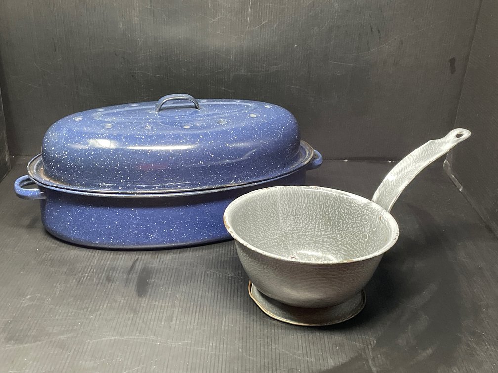 Blue Enamelware Roaster & Gray Enamelware Footed Strainer