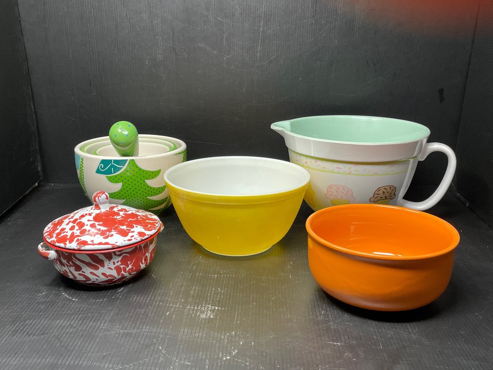 Melamine Batter Bowl, Pyrex Yellow Mixing Bowl, Red & White Enamelware Lidded Dish