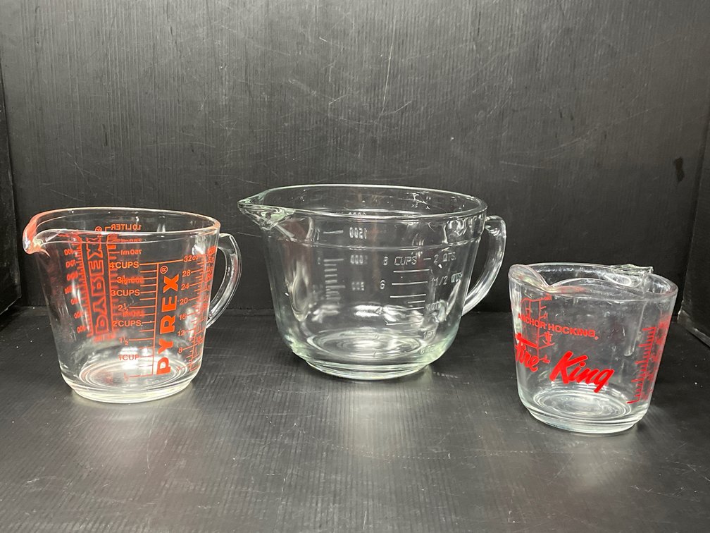 3 Glass Measuring Cups- 8-Cup Anchor Hocking, 4-Cup Pyrex and 2-Cup Fire King