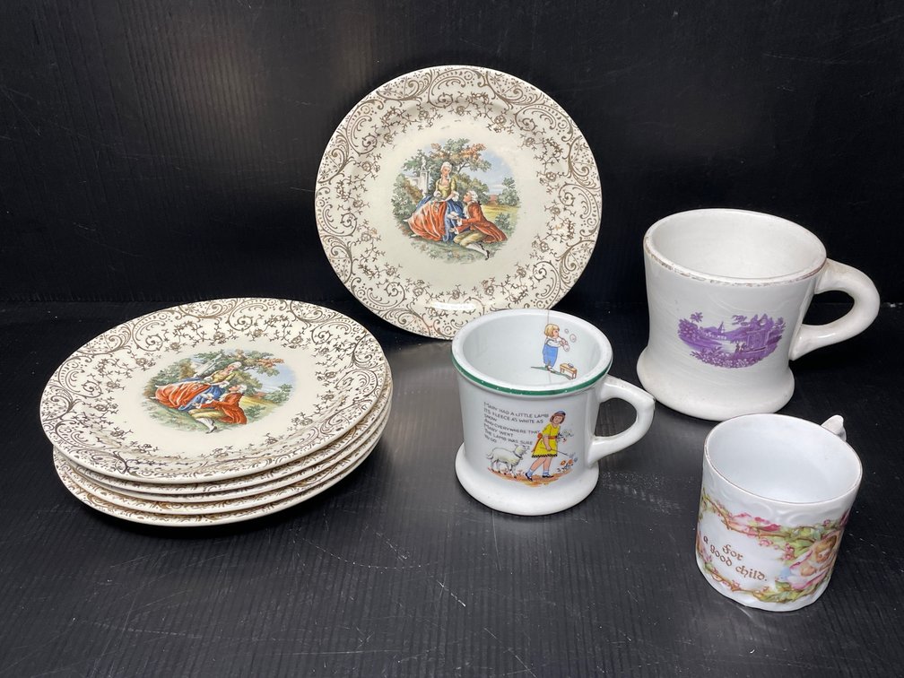 6 Hampton Scenic Plates and 3 Mugs- Homer Laughlin, Mary Had a Little Lamb