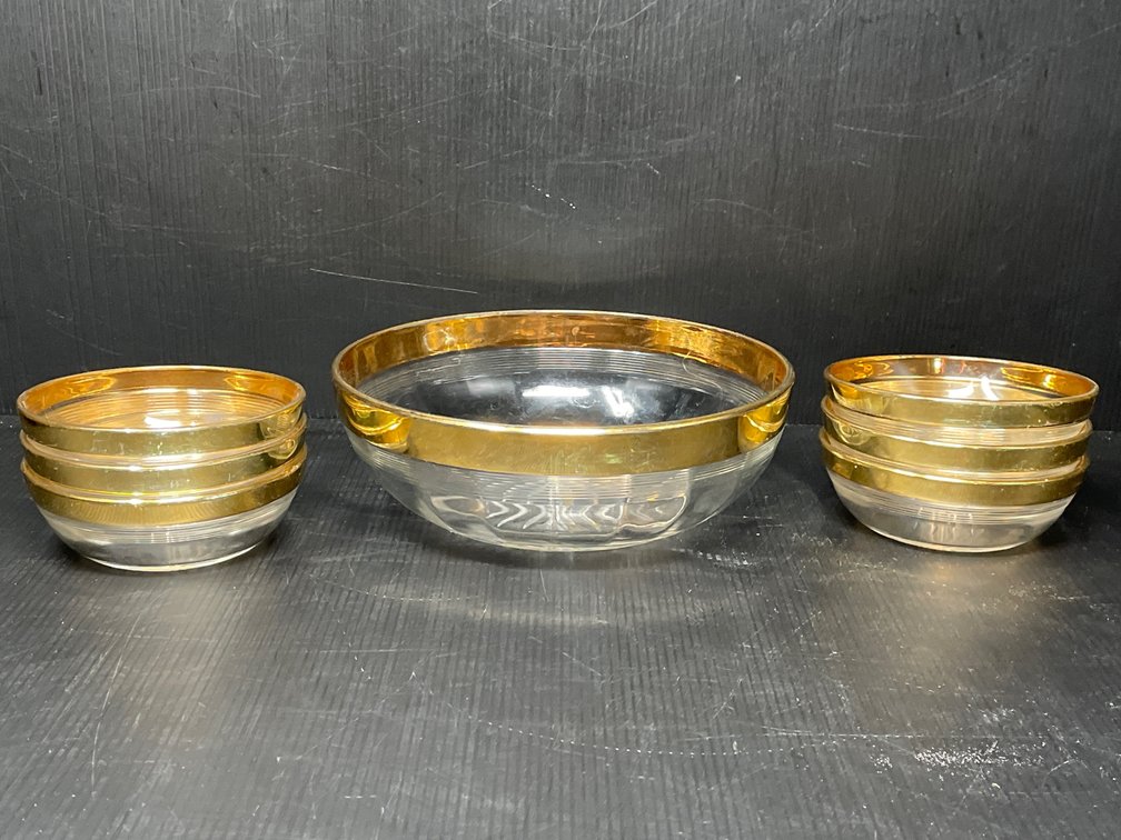 Gold-Rimmed Glass Salad Set- Large Bowl and 6 Matching Small Bowls