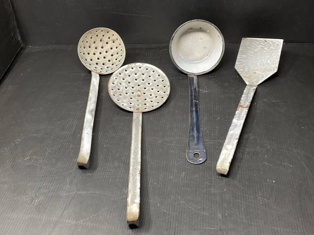 4 Enamelware Utensils- 2 Gray Strainers and Shovel Type Piece, Blue & White Ladle