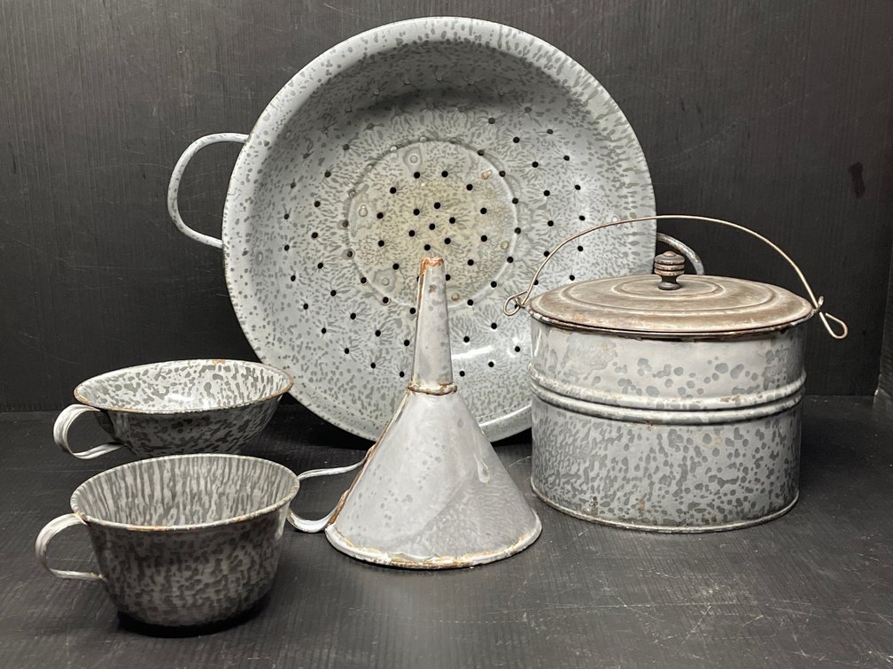 Gray Enamelware Lot- Colander, Lidded Berry Pail, Cup, Funnel & Jar Filler