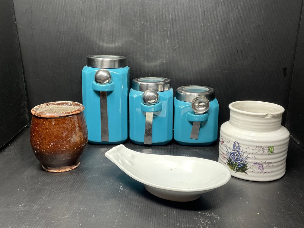 Blue 3-Piece Canister Set, Spoon Rest, 2 Stoneware Vases- One with Floral Decoration