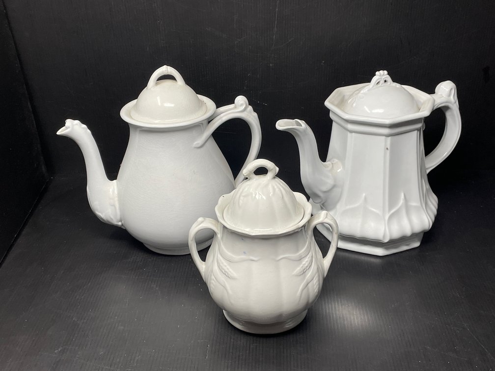 2 Ironstone Coffee Pots and Lidded Sugar Bowl