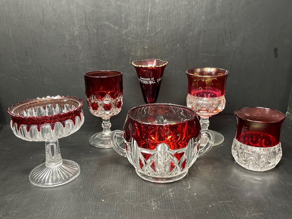 6 Piece Ruby Flash Glass Lot- Compote, Goblets, 2-Handled Sugar, Vase