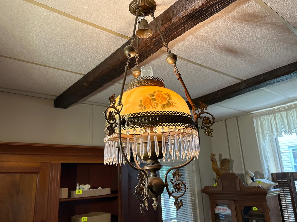 Vintage Metal Framed Hanging Lamp with Floral Glass Shade and Prisms