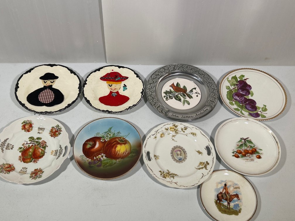 9 Decorative Plates- 4 Fruit Motifs, Floral, Native American, Man & Woman and Bird