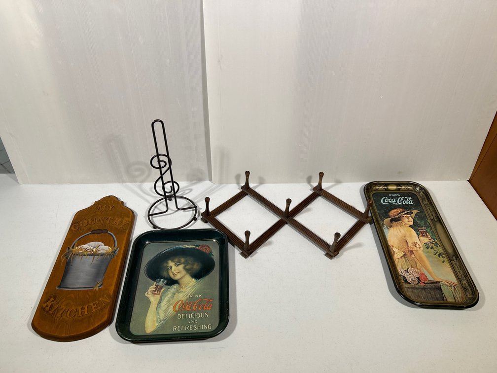 2 Repro Coca-Cola Trays, Expanding Hat Rack, Metal Paper Towel Holder, Kitchen Sign