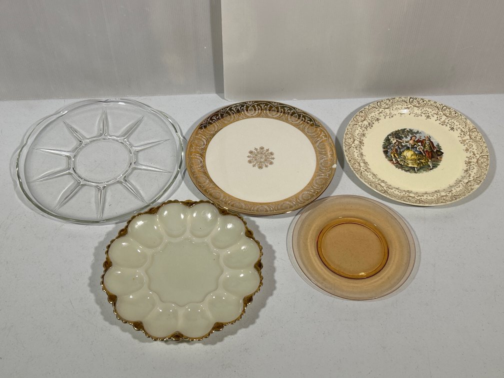 5 Assorted Serving Dishes- 2 Glass & 2 China Platters, Milk Glass Egg Plate