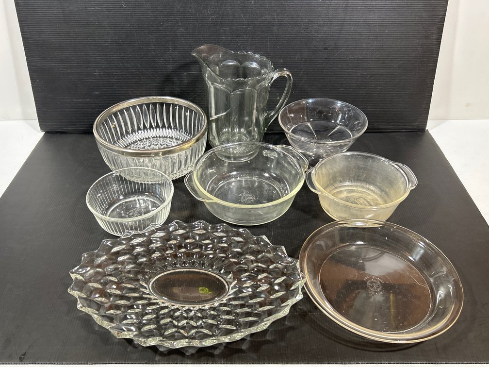 Glassware Lot- Pitcher, Bowls including Footed, Pyrex Bowl & Pie Plate, Fostoria Platter
