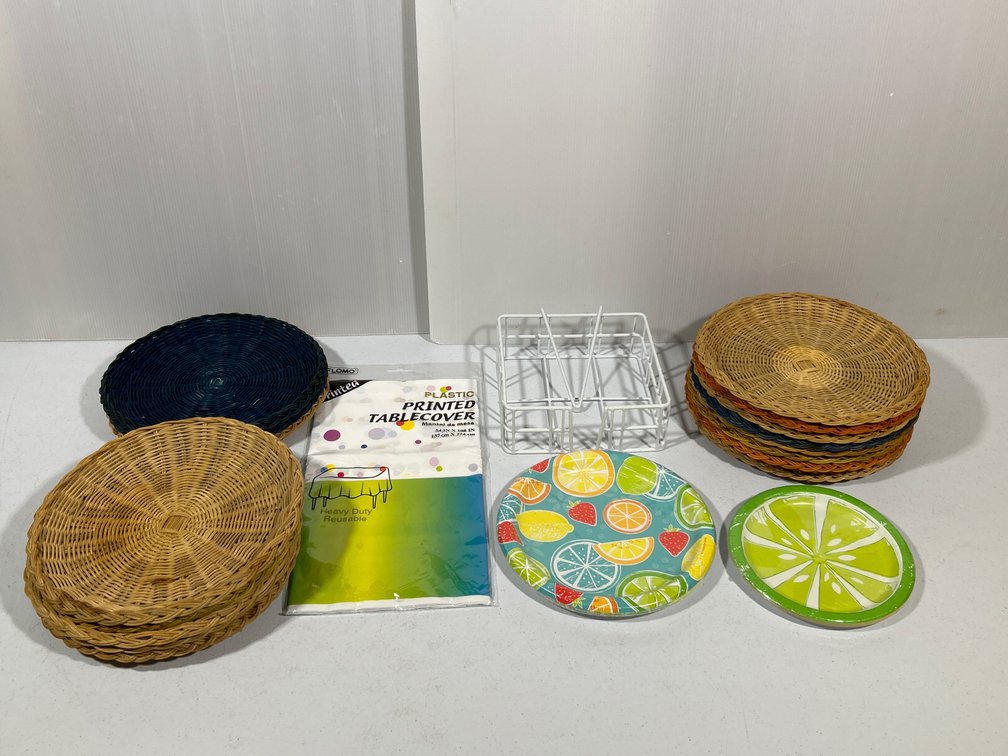 Paper Plates, Rattan Plate Holders, Table Cover, Wire Napkin Basket