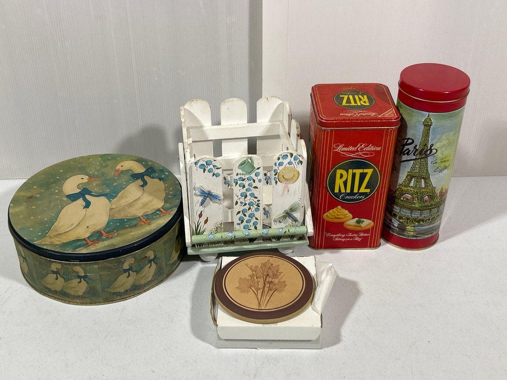 3 Tins- Goose, Ritz & Paris, Wooden Fence Napkin Holder, Pottery Trivet/Ornament