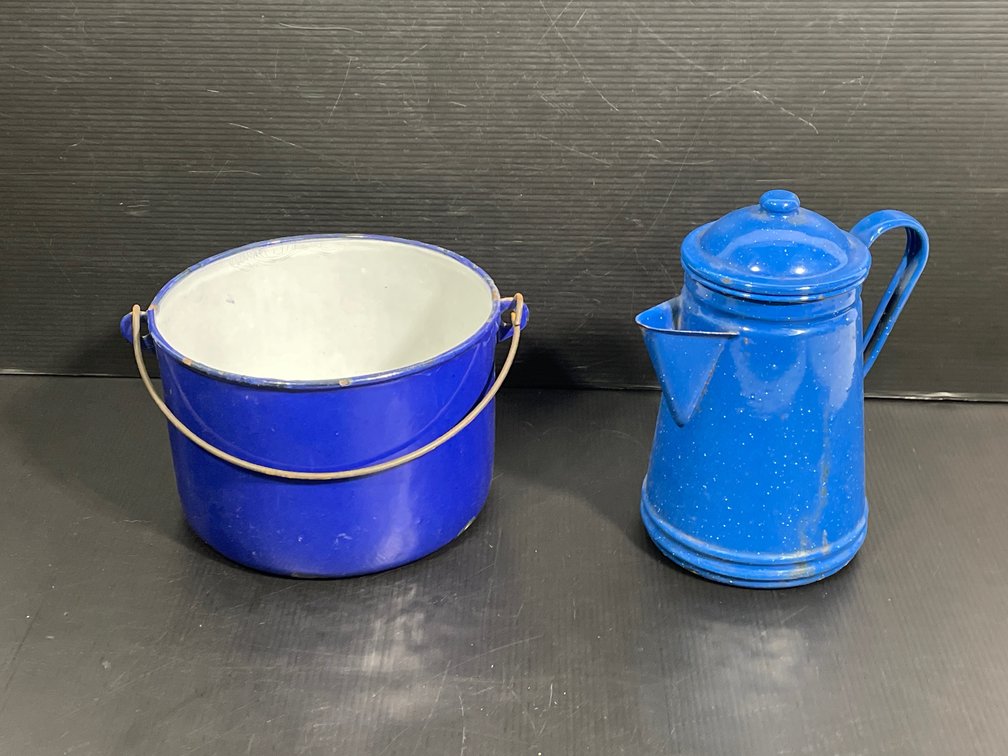 2 Blue Enamelware Pieces- Handled Pot and Coffee Pot