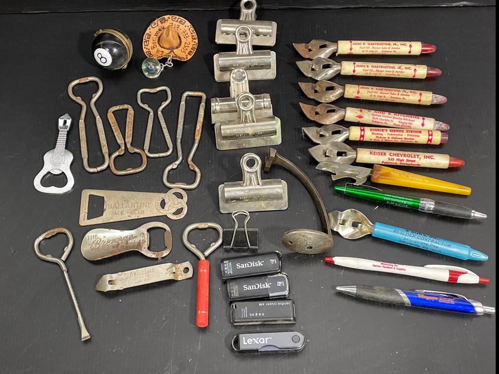 Collection of Bottle & Jar Openers, Pens, Clips, 8 Ball Trinket Box, More
