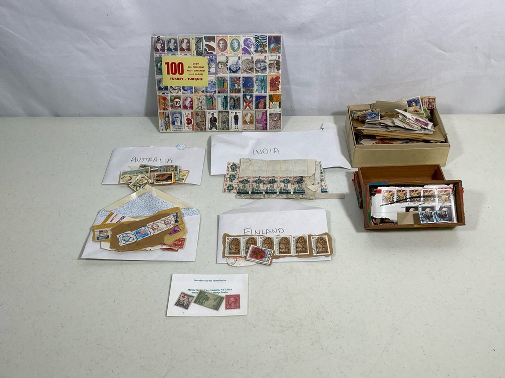 Foreign & U.S. Stamps- Turkey, Australia, India, Finland and 2 Boxes of Loose Stamps