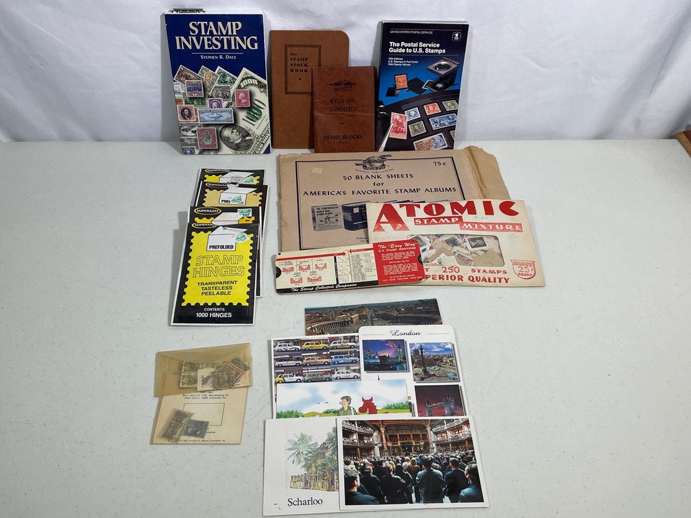 Stamp Collector's Lot- Guides, Book- Stamp Investing, Stamp Hinges, Loose Stamps