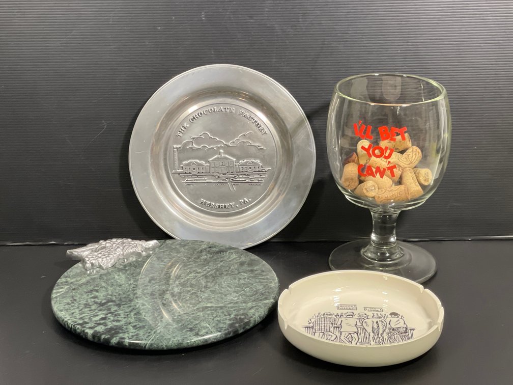 Pewter Plate, Marble Cheese Board, Glass with Wine Corks and Comical Ash Tray