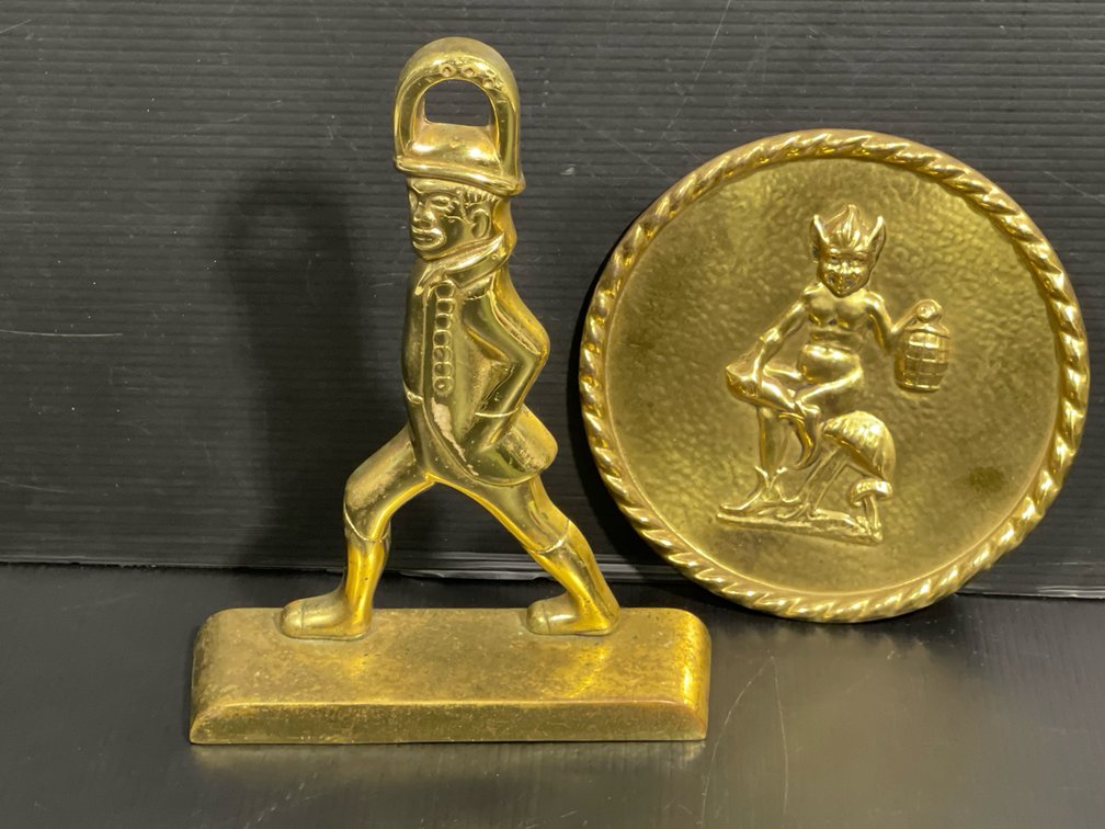 2 Brass Items- Colonial Williamsburg Hessian Soldier Door Stop & Tray w/mythical imp/elf