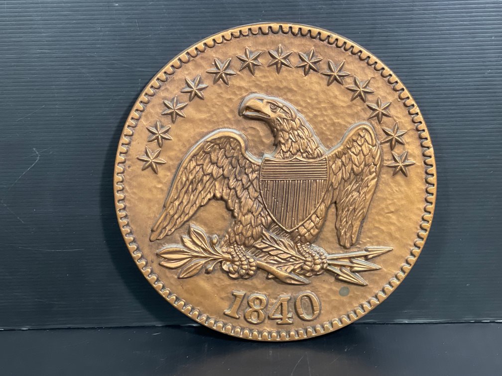 Wooden Plaque- Eagle in Relief Clutching Arrows & Branch, with 13 Stars and "1840"