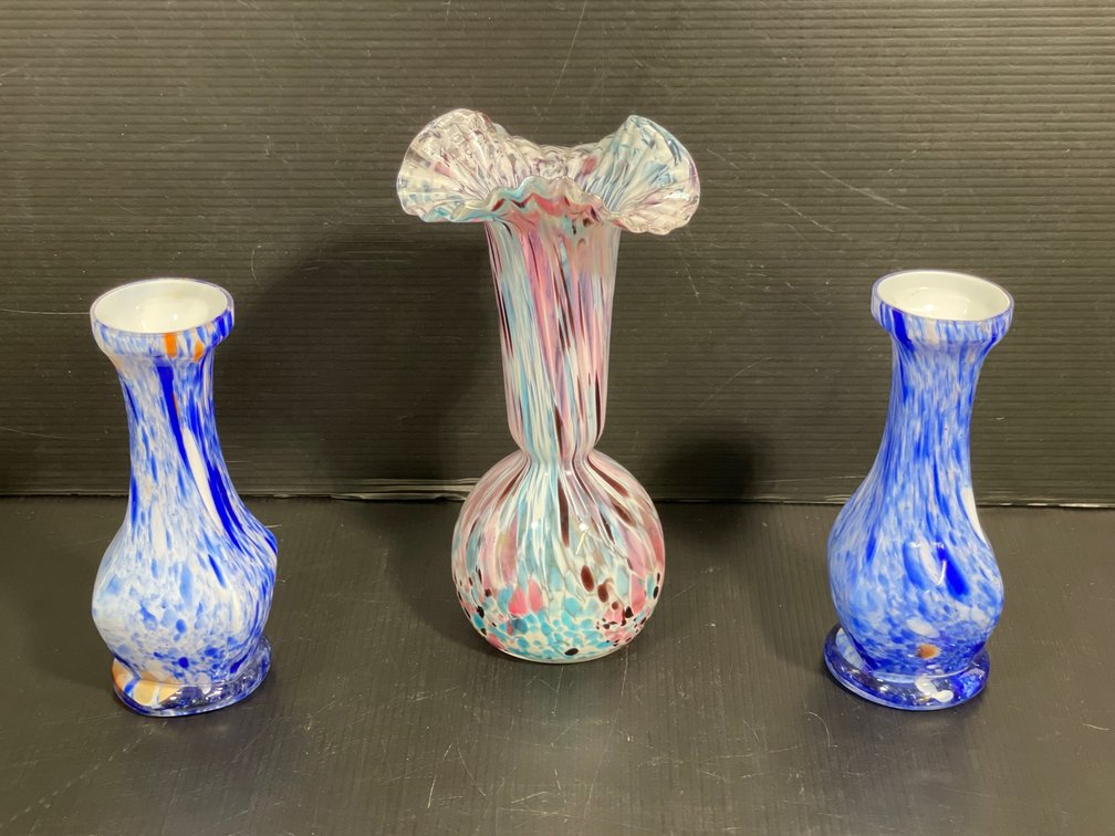 3 Art Glass Vases- Pair of Blue/White/Orange Swirl and Multi-Color with Fluted Rim