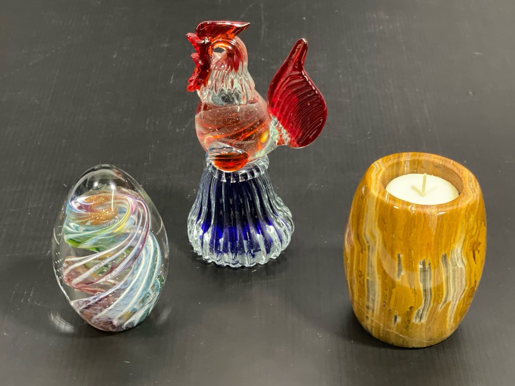 2 Art Glass Pieces- Ribbon Swirl Egg, Rooster, and Yellow Stone Candle Holder