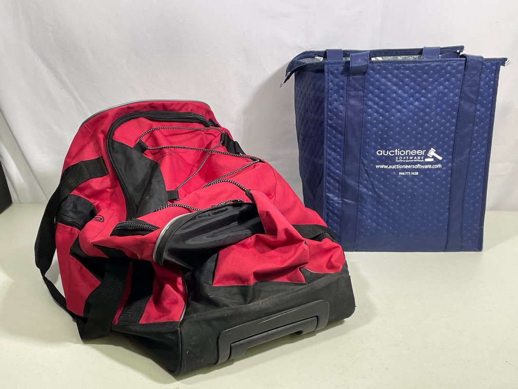 Port & Co. Red/Black Duffel Bag, Blue "Auctioneer Software" Insulated Grocery Bag