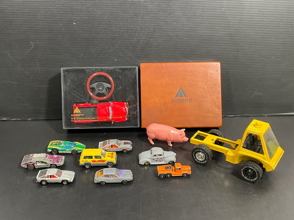8 Die Cast Vehicles, Yellow Metal Truck, Pig, Axxents Car w/ Steering Wheel & Box