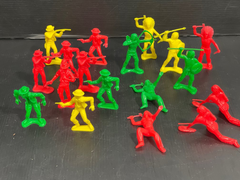 Red, Yellow and Green Plastic Soldiers and Indians, 18 Figures Total