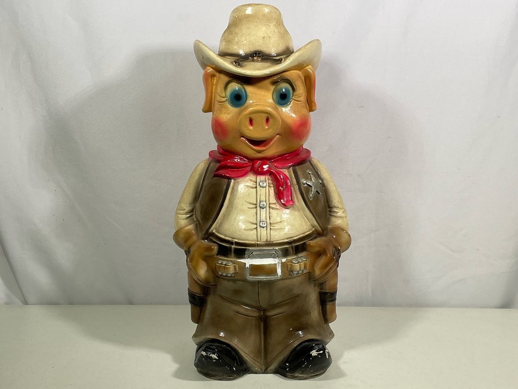 Large Painted Plaster Pig Cowboy Bank