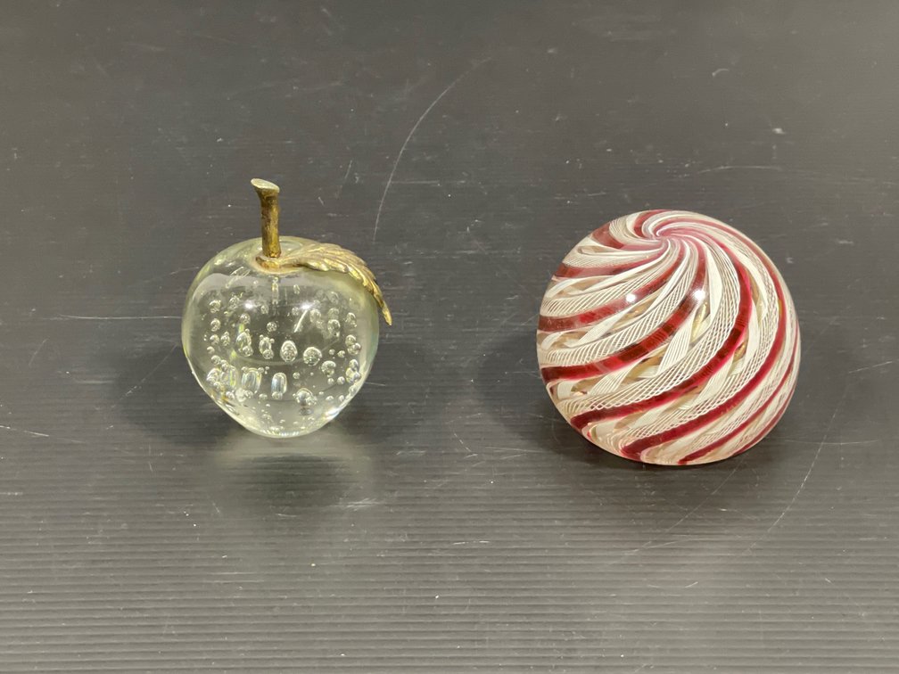 2 Art Glass Paperweights- Apple with Bubbles & Gold Stem/Leaf, Red/White Ribbon Swirl