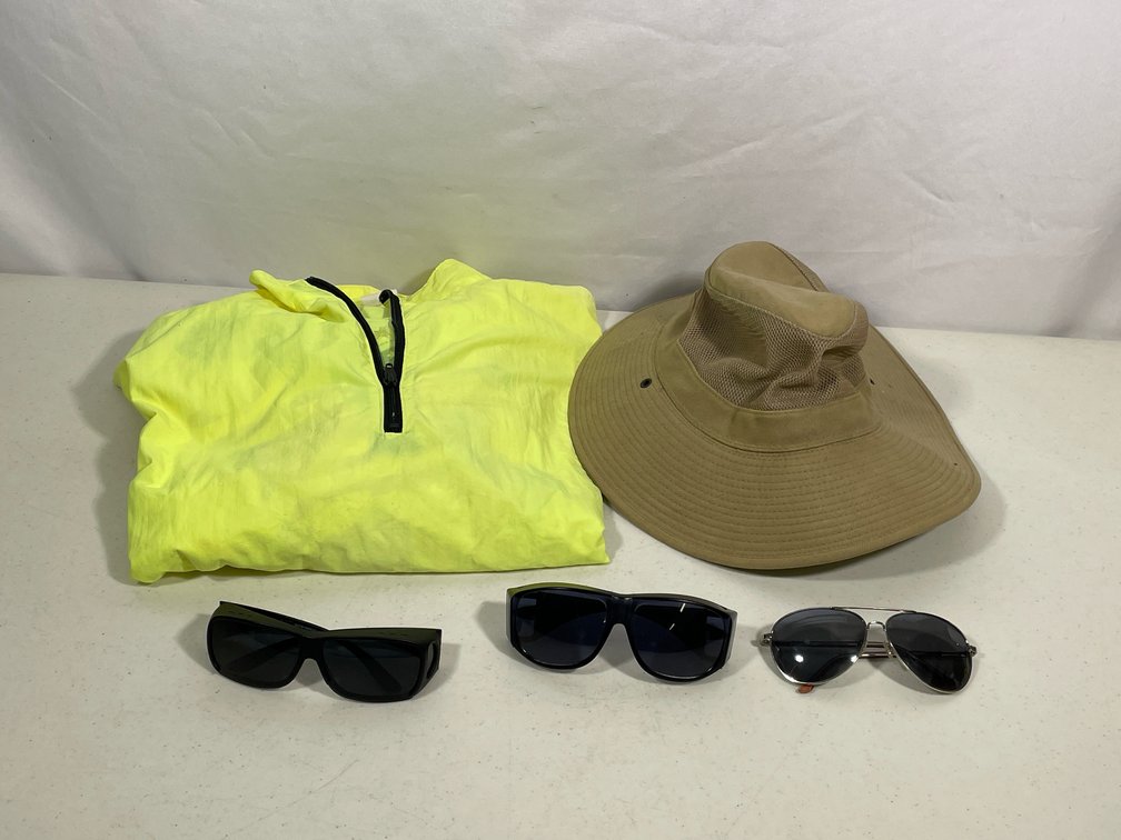 Yellow Nylon "Forever Free" Jacket, Dorfman Pacific Hat, 3 Pairs of Sunglasses