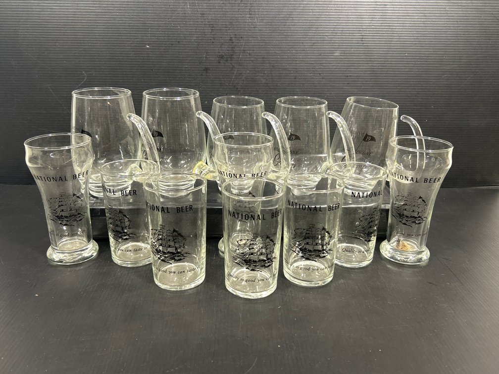 Glassware Lot- 5 Handled Cups, 3 Tall Glasses, 5 Short Glasses- All "National Beer"