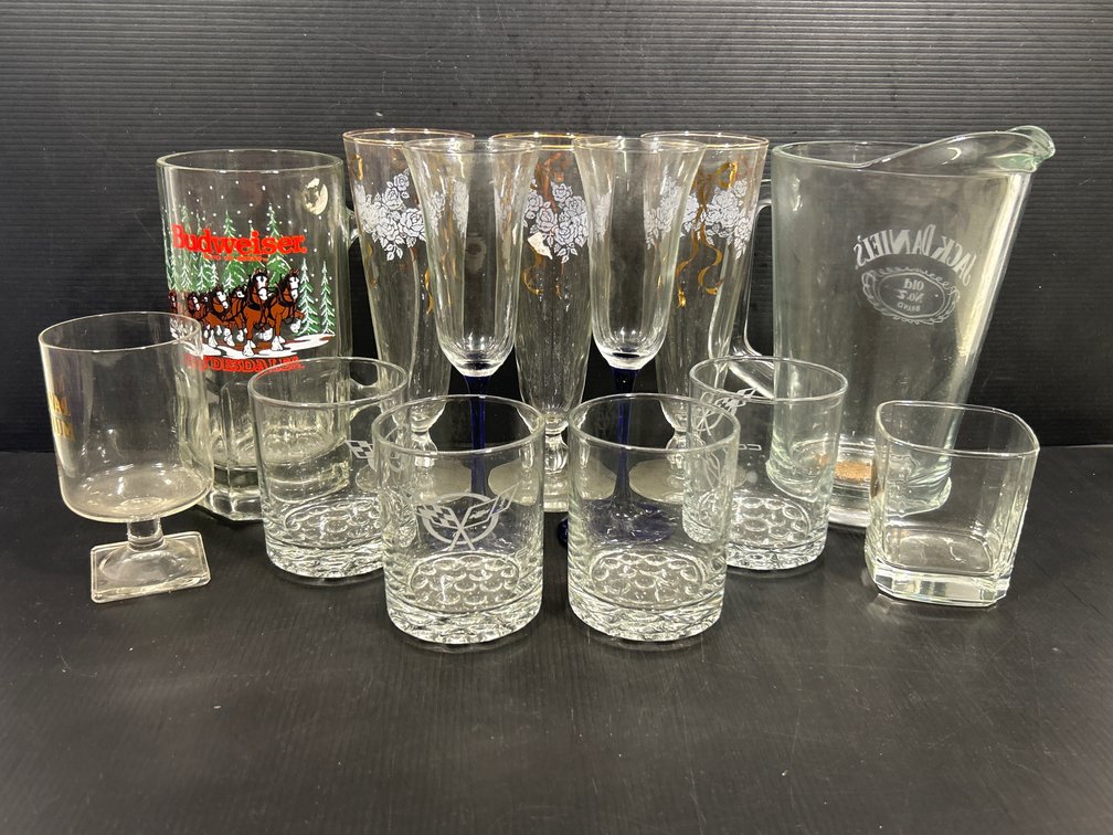 Glassware Lot- Jack Daniels Pitcher, Budweiser Mug, 3 & 2 Wines, 6 Other Glasses