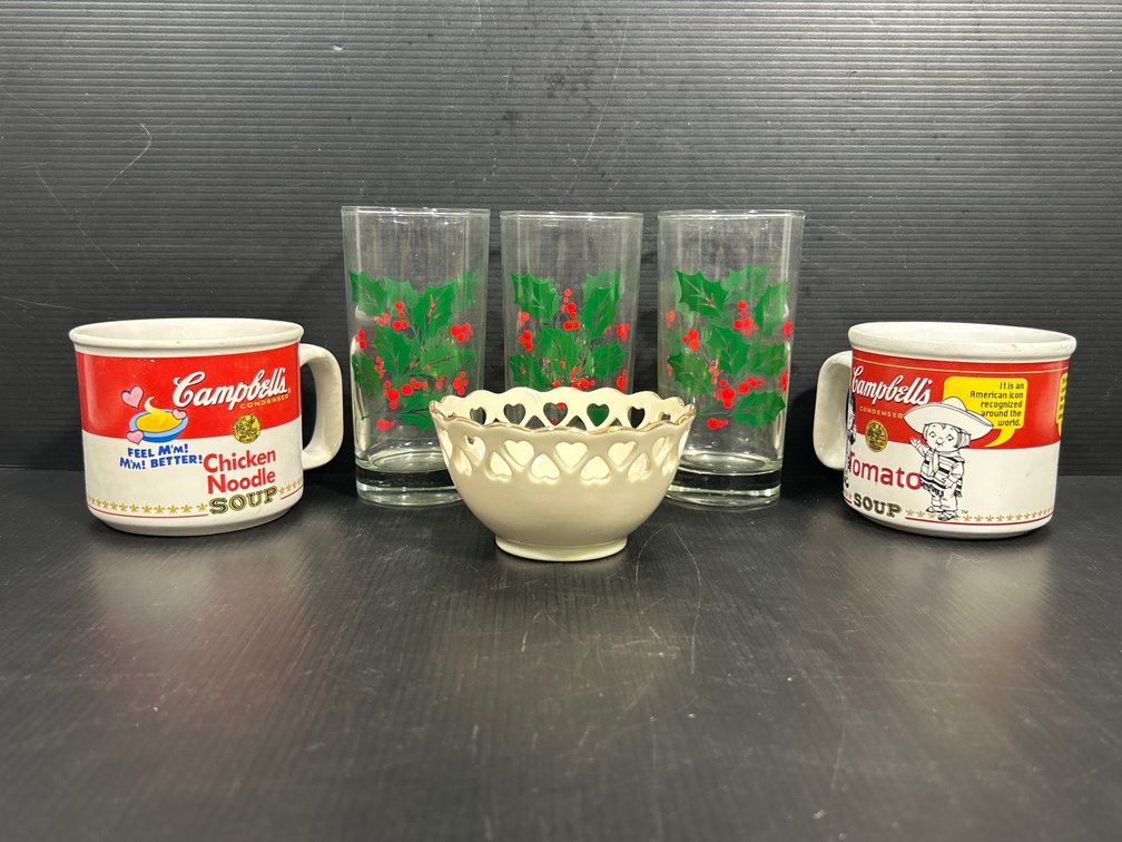3 Holly Motif Glasses, 2 Campbell's Soup Mugs, Lenox Bowl w/ Heart Cut-Outs