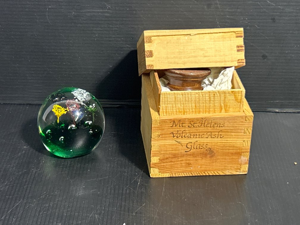 2 Art Glass Paperweights- Green with Flowers and Red/Blue Egg on Wooden Stand