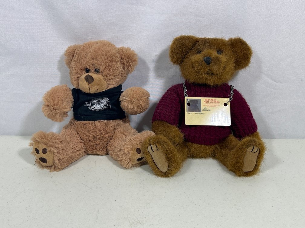 2 Plush Teddy Bears- One in Black Auctioneer's Tee-Shirt, Other with Nametag "Fred the Bear"