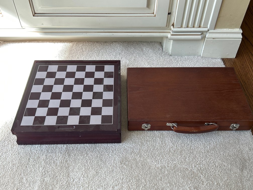 Chess Board with Pieces, Dice, Etc. Inside, Cased Backgammon Set