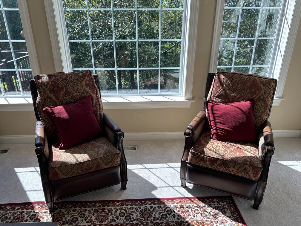 2 Reclining Side Chairs with Tapestry Look Cushions and Burgundy Throw Pillows