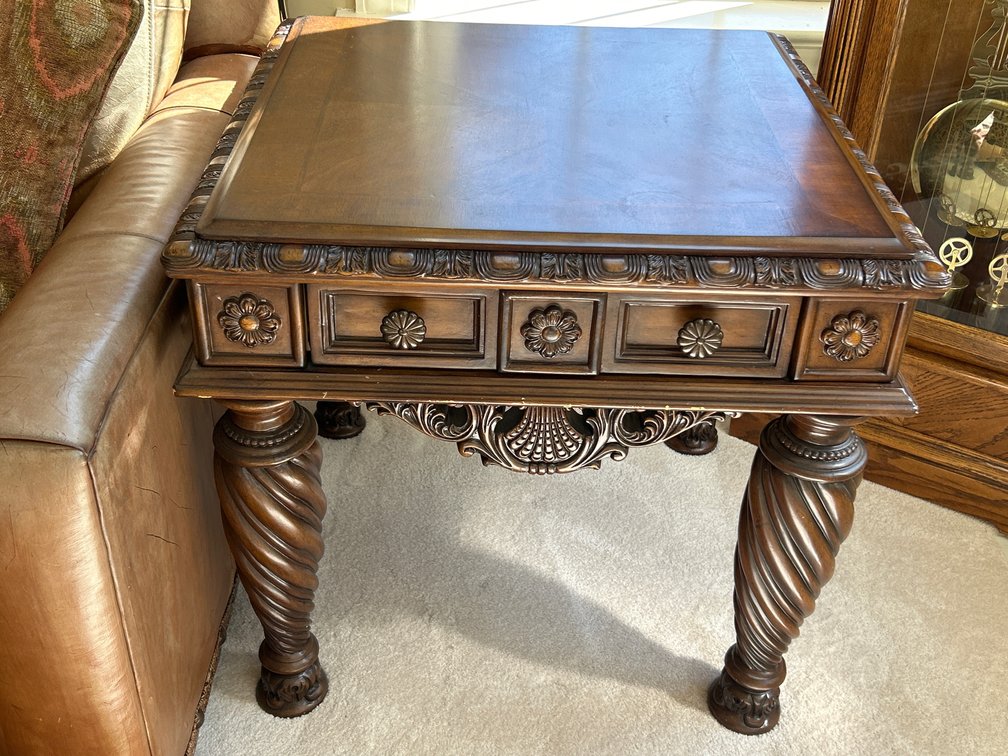 Parquet-Top Table with Carved Sides and Legs