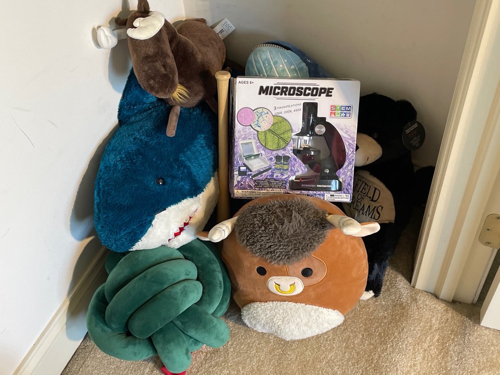 Plush Animals including Shark, Longhorn Steer, Bear, Moose, Green "Knots"