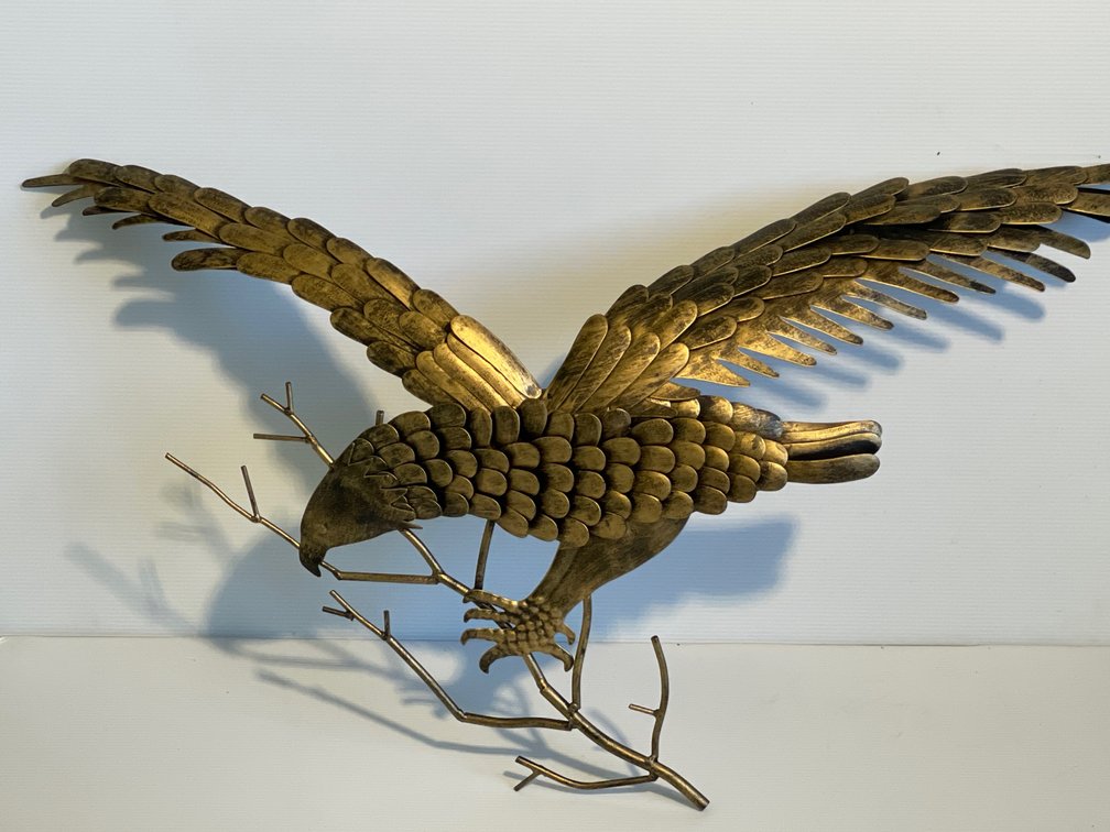 Brass Look Bird on Branch Wall Sculpture