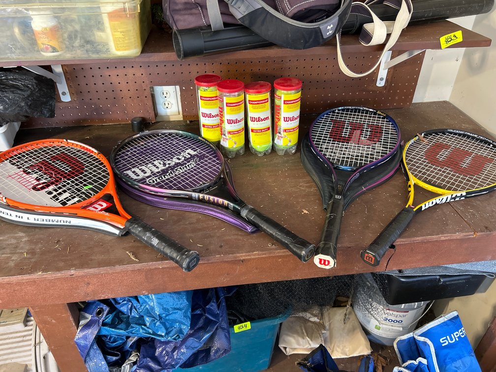 4 Wilson Tennis Rackets, 4 Tubes of Wilson Tennis Balls, 3 Racket Covers