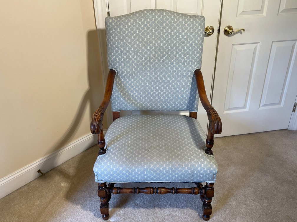 Wood Framed Arm Chair with Blue/White Upholstery